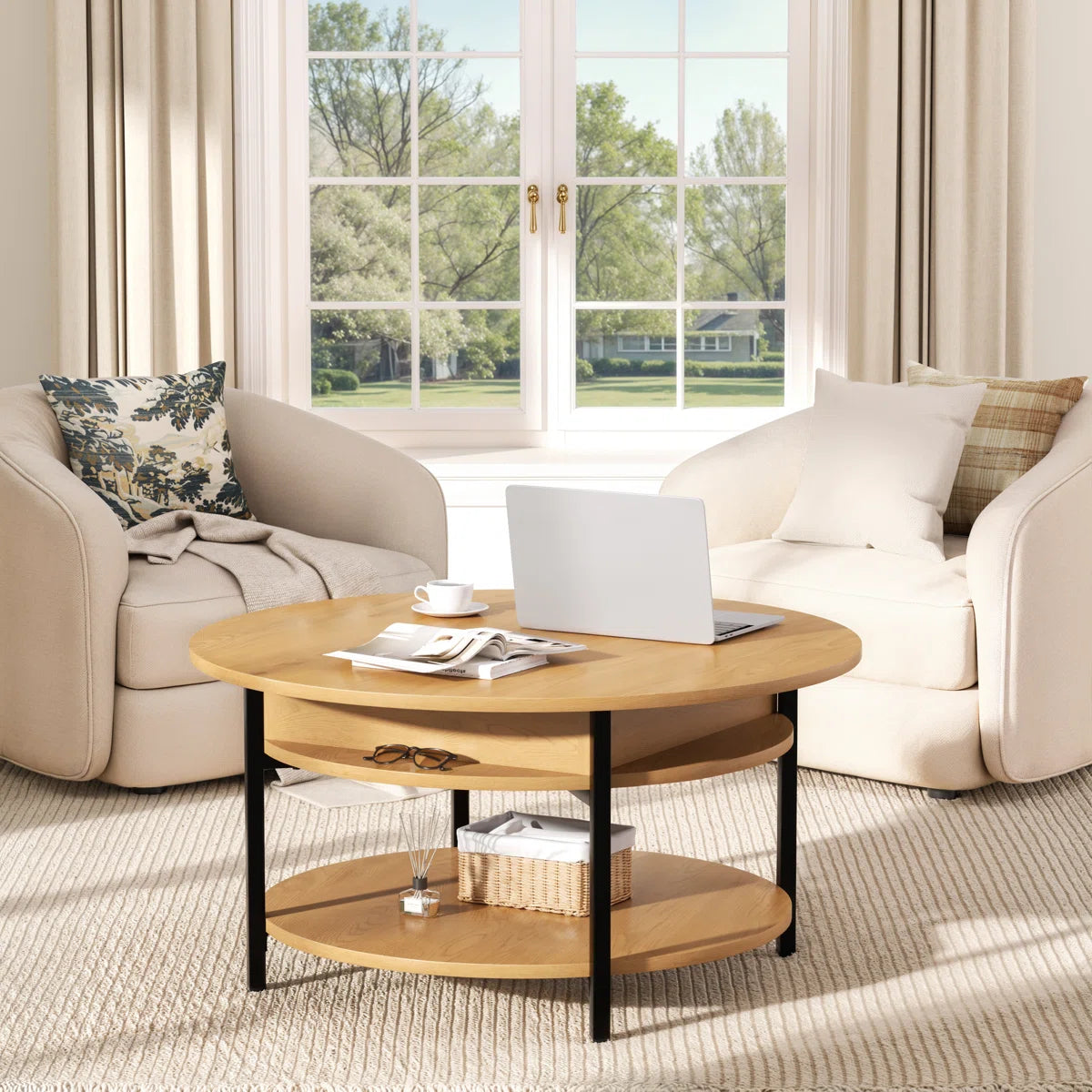 Wynny 36"W Lift Top Coffee Table with Storage, Round Wood Cocktail Table