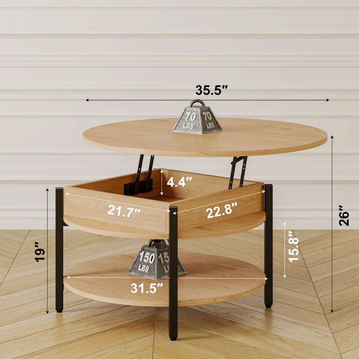 Wynny 36"W Lift Top Coffee Table with Storage, Round Wood Cocktail Table