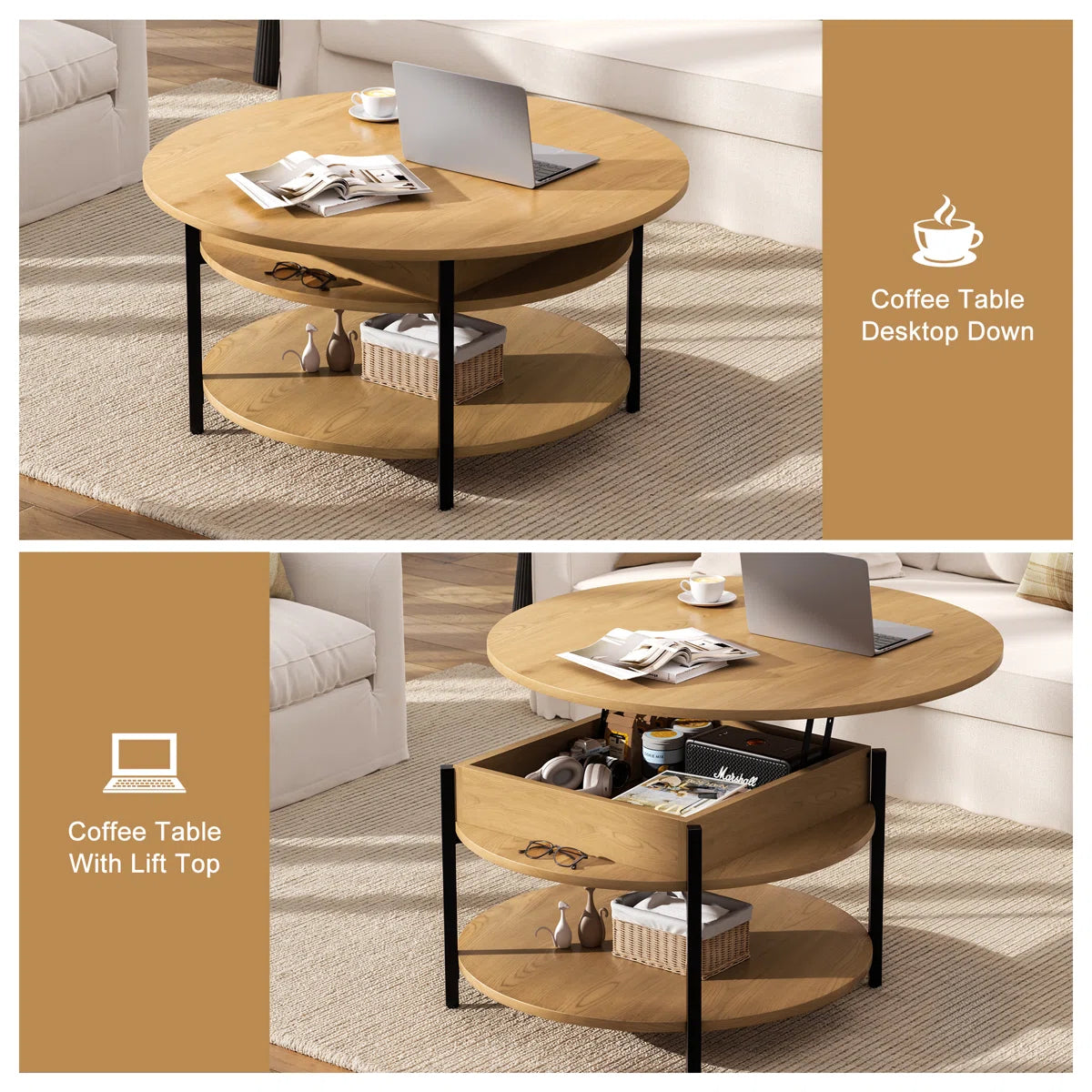 Wynny 36"W Lift Top Coffee Table with Storage, Round Wood Cocktail Table