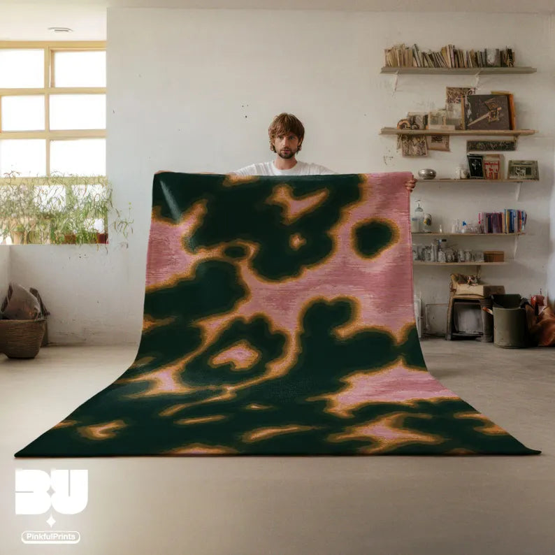 Pink Psychedelic Area Rug, Abstract Animal Print, Green Dopamine Home Decor Items, Aesthetic Eclectic 9x12 Living Room Bedroom Large Carpet