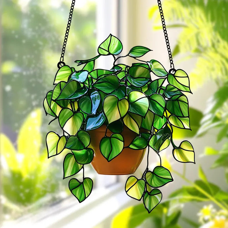 Pothos Plant Acrylic Suncatcher - Faux Stained Glass Window Hanging for Plant Lovers, Botanical Theme Home Art Decor, Garden Hanging