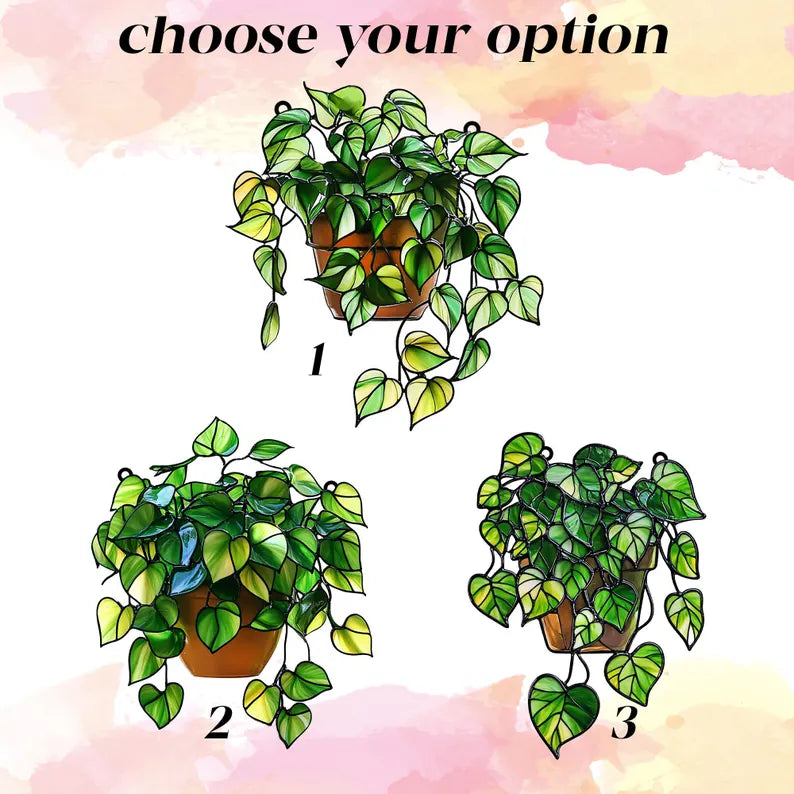 Pothos Plant Acrylic Suncatcher - Faux Stained Glass Window Hanging for Plant Lovers, Botanical Theme Home Art Decor, Garden Hanging